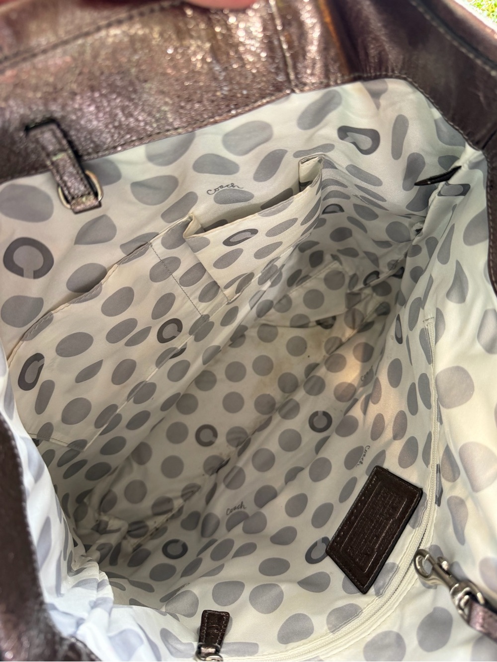 Coach Metallic Bronze Leather Op Art Logo Large Tote Shoulder Bag - Picture 5 of 6